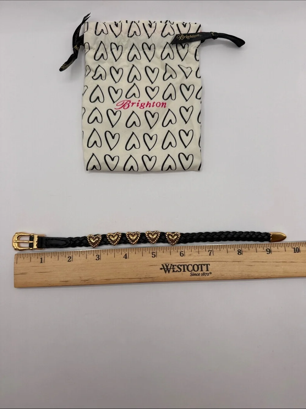 Brighton Bandit Black Braided Leather Bracelet with Gold Heart Charms